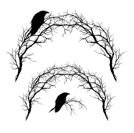 raven bird sitting at bare tree branches forming arch entrance - spooky halloween night vector design setのイラスト素材