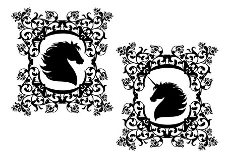 beautiful fairy tale unicorn horse profile head - black and white vector silhouette portrait of animal among rose flowers decorのイラスト素材