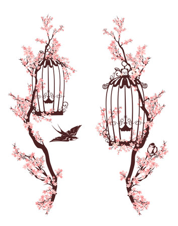 open birdcage and flying swallow bird among blooming sakura tree branches - spring season park nature vector design setのイラスト素材