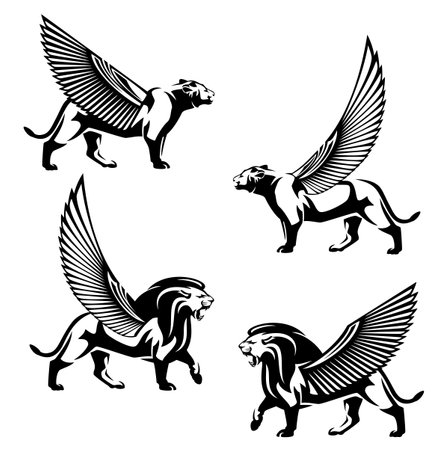 egyptian style winged lioness and lion walking forward side view design - black and white vector mythical animal outline setのイラスト素材