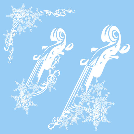 seasonal corner frame made of snowflakes with violin instrument - white vector silhouette for winter season classical music performanceのイラスト素材