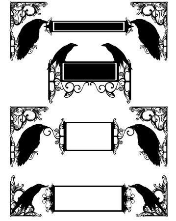 antique style calligraphic ornament forming copy space frame with raven birds holding blank signs -  black and white vector decorative design for witchcraft and sorcery conceptのイラスト素材