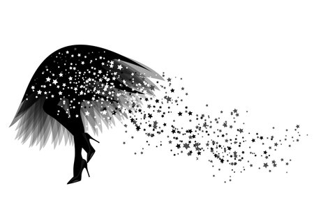 beautiful woman slim legs wearing high heels stiletto shoes with luxurious fashionable skirt and flying stars long train vector copy space designのイラスト素材