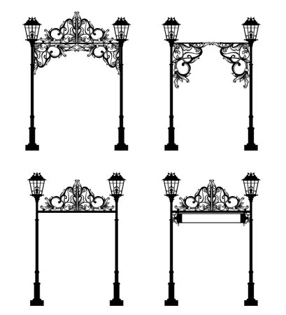 antique wrought arch passage between two street lights - mysterious fantasy entrance black and white vector outline setのイラスト素材