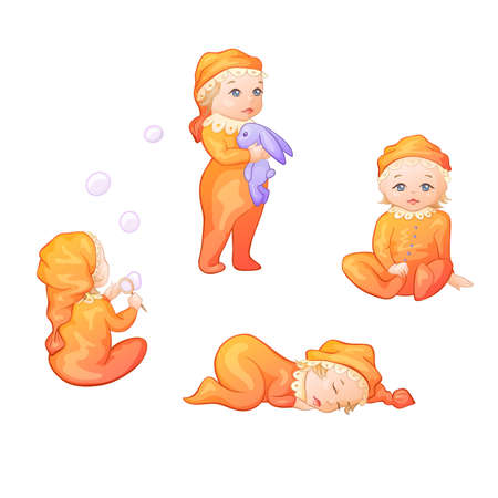 illustration of sitting, sleeping and playing babies のイラスト素材