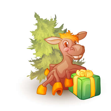 illustration of horse with present and fir-tree on transparent backgroundのイラスト素材