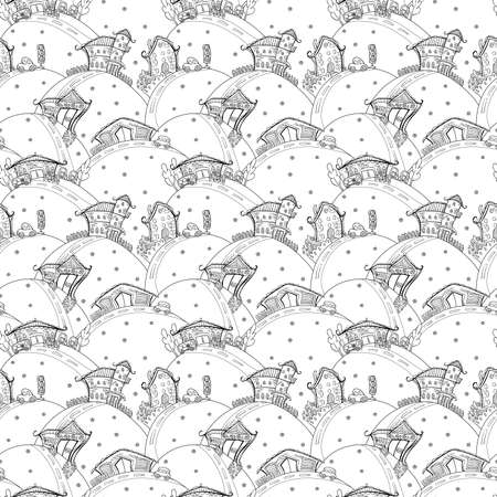 seamless pattern with cartoon houses in black and white colorsのイラスト素材