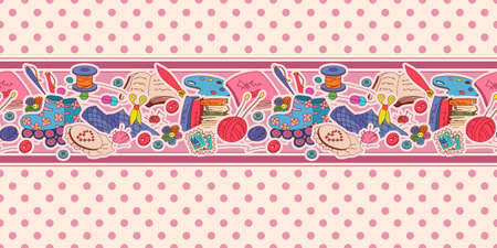 Horizontal seamless vector pattern with hobby itemsのイラスト素材