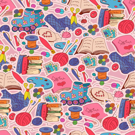 seamless pattern with hobby elements on pink backgroundのイラスト素材