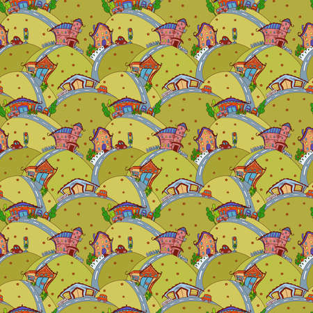 seamless pattern with cartoon houses in summer colorsのイラスト素材