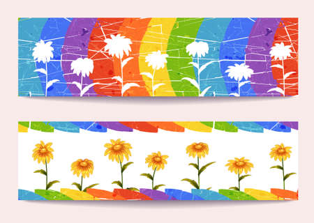 Vector banners with flowers on rainbow background のイラスト素材