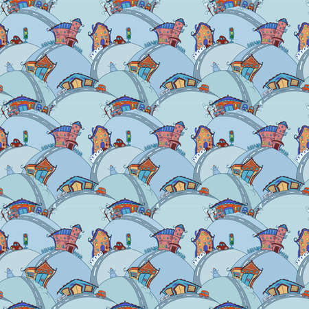 Vector seamless pattern with cartoon houses in winter colorsのイラスト素材