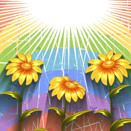 Vector rainbow background with shiny yellow flowers.のイラスト素材