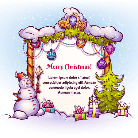 Vector illustration of Christmas Gate with snowman ant fir-tree.のイラスト素材