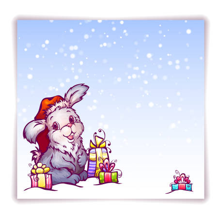 illustration of hare in Christmas hat.のイラスト素材