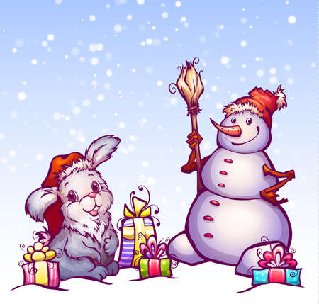 Vector illustration of hare, snowman and giftsのイラスト素材