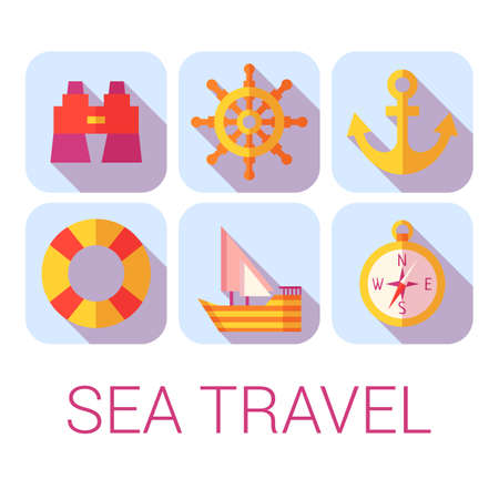 Vector sea travel icons in flat style.のイラスト素材