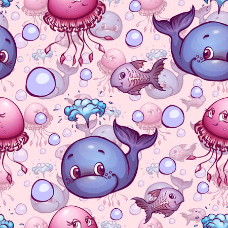 Vector seamless pattern with sea cute animals.のイラスト素材