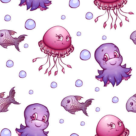 Vector seamless pattern with sea cute animals.のイラスト素材