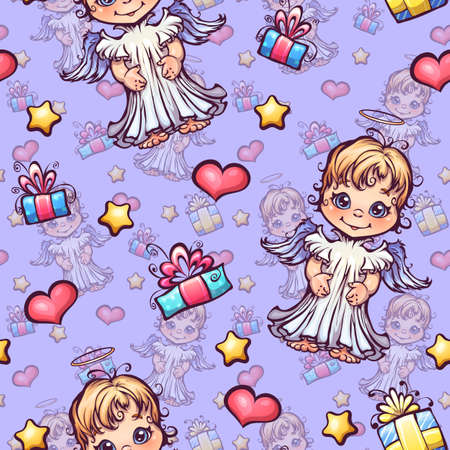 Vector seamless pattern with cartoon angels and gift boxes.のイラスト素材