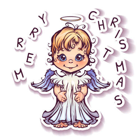 Vector illustration of cute angel with Merry Christmas text.のイラスト素材