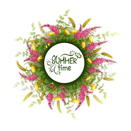 Vector summer round banner with wild flowersのイラスト素材