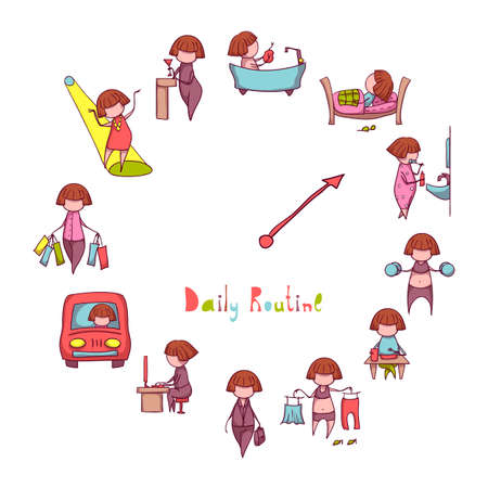 Daily Routine. Vector set with funny girl.