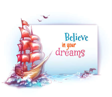 Vector banner with sail ship in ocean.のイラスト素材