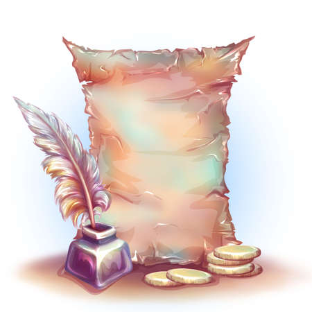 Vector banner with old paper, money and feather .のイラスト素材