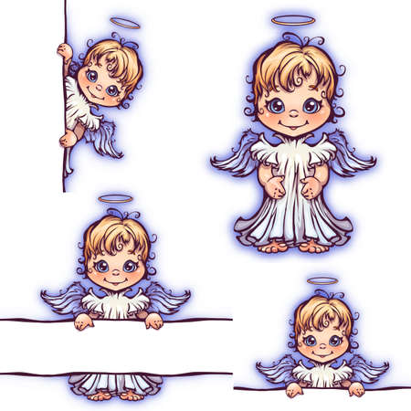 Vector set of cute angel with panel for text.のイラスト素材
