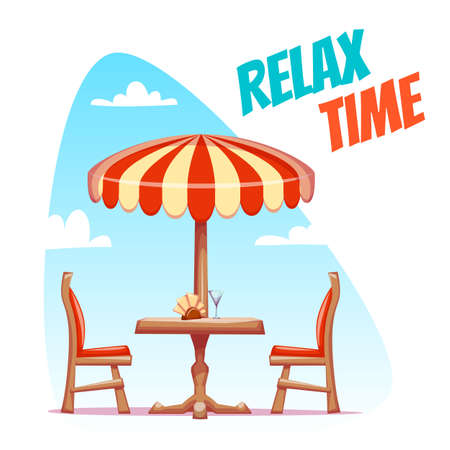 Vector illustration of cafe table with two chairs and vase with flowers and canopyのイラスト素材