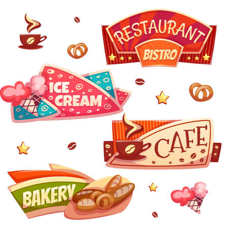 Vector set of brightly banners for cafe, bakery, ice cream shop and restaurant.のイラスト素材