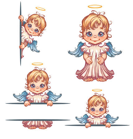 set of cute angel with panel for text.のイラスト素材