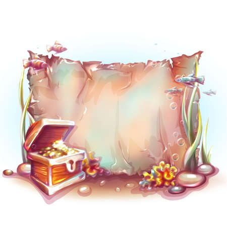 banner with treasure chest in ocean.のイラスト素材