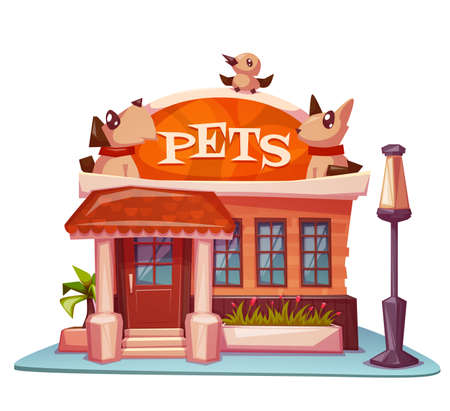 Pet shop building with bright banner. Vector illustration.のイラスト素材