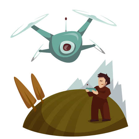Dron with camera flying and man control it. Vector illustration.のイラスト素材