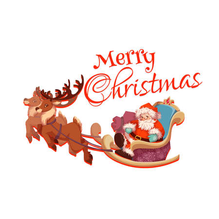 Merry Christmas greeting card with Santa Claus on sledge with deers. Vector illustration.のイラスト素材