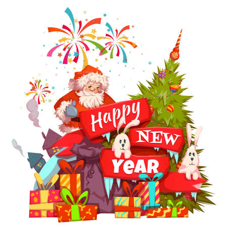 Merry Christmas banner with Santa Claus, ribbon and pine. Vector illustration.のイラスト素材