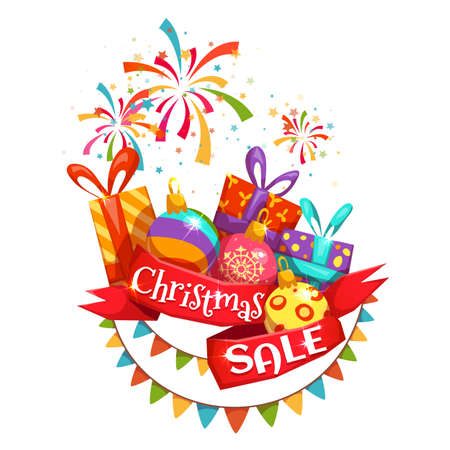 Christmas sale banner with ribbon and firework. Vector illustration.のイラスト素材