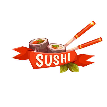 Banner Sushi with chopstick and ribbon. Vector illustration.のイラスト素材