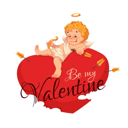 Happy valentine day. Red heart with cherub. Vector illustration.