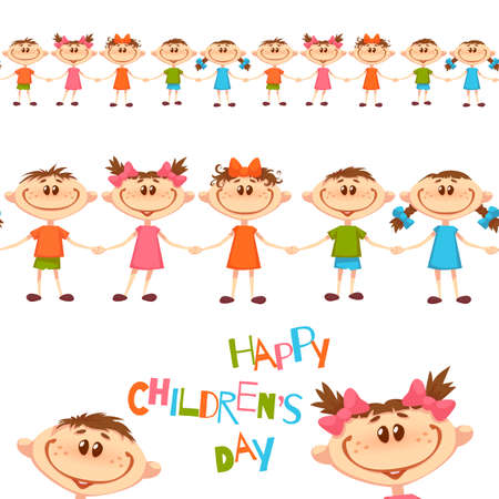 Seamless pattern with cute childrens. Happy Childrens Day title. Vector illustration.のイラスト素材