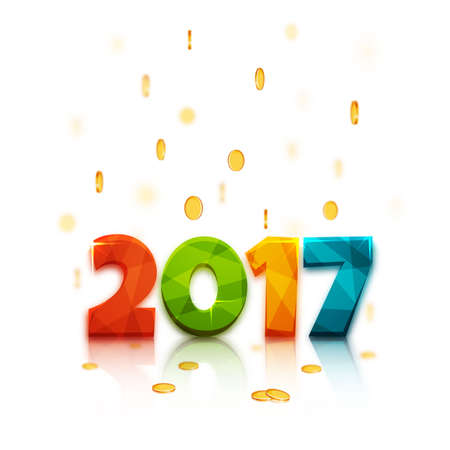 Happy new year 2017. Text design of 2017 letter with bright colors. New Year illustration. 2017 letter on white background with coins rain falling on 2017のイラスト素材