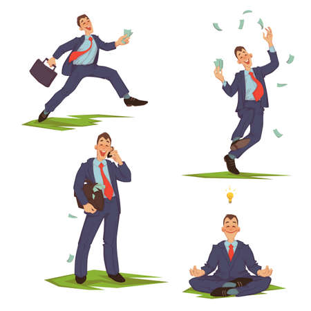 Vector illustration of businessman in formalwear running, spending money, talking phone and meditating. のイラスト素材
