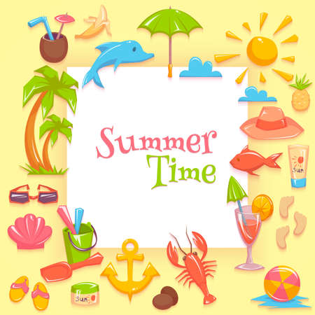 Vector illustration of different things for vacations rounding the frame with summer time lettering.のイラスト素材