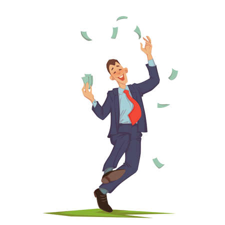 Vector illustration of happy careless businessman walking and throwing up cash.のイラスト素材