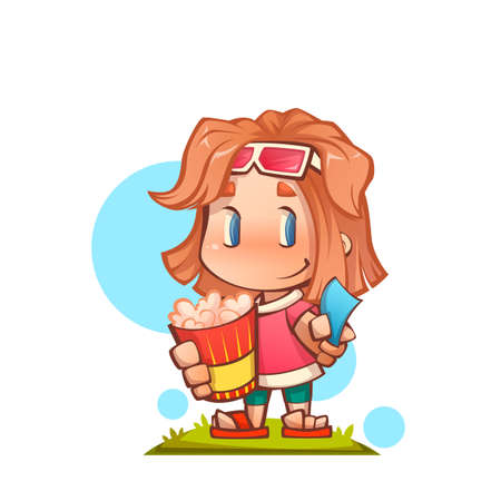 Vector illustration of cute girl with popcorn and ticketのイラスト素材