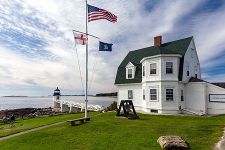 Marshall Point lighthouse in Port Clyde, Maine. This lighthouse is known as the beacon actor Tom Hanks ran to in his running journey in the movie Forrest Gump.のeditorial素材