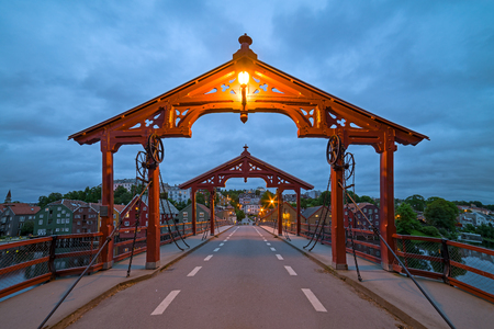 View of norwegian city of Trondheim during twilight blue hour, Bybru - Old Bridge in summer nightの写真素材