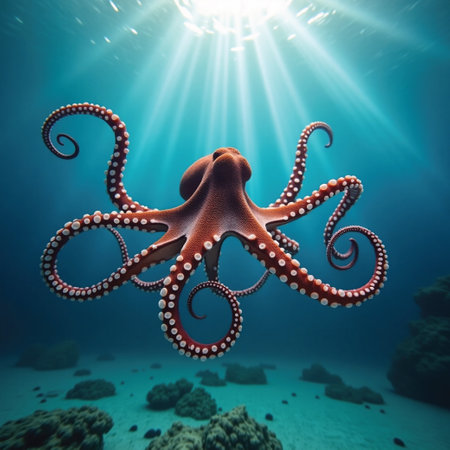 An octopus moving swimming under deep sea waterの素材